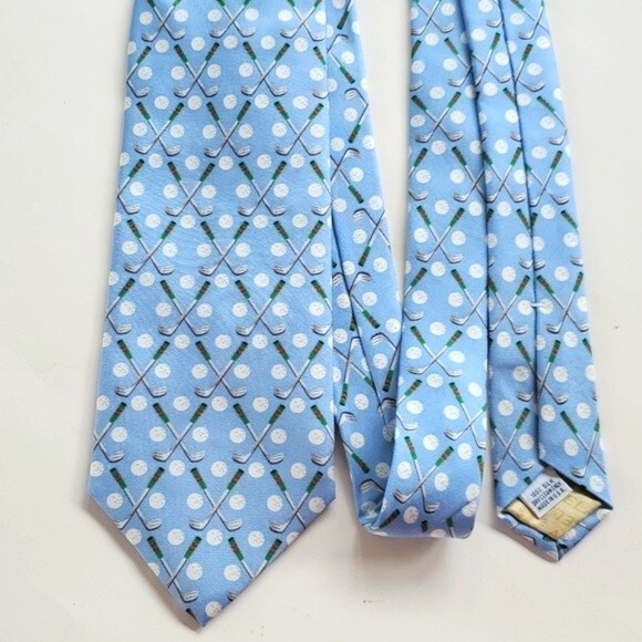 ANGELA MOORE SILK GOLF MEN'S TIE BLUE WHITE SPRING CLUBS GOLF BALLS - Picture 2 of 6